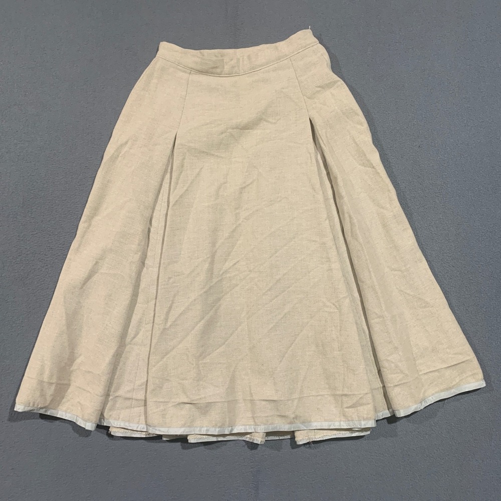 Vintage Handmade Beige Linen Pleated Midi Skirt Raw Seam Detail Womens 25‎ Waist